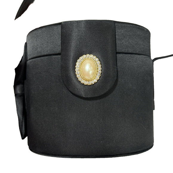 Carla Marchi Black Satin Evening Bag Top Handle Hard Case Purse Bow Rhinestones - Picture 6 of 10